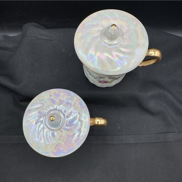 Vintage Czech Lusterware Floral Lidded Mugs Set of 2 Gold Handle Iridescent - Picture 2 of 11